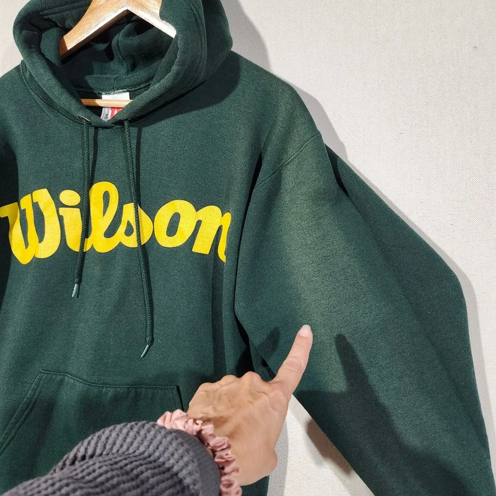 Wilson Vintage Mens Hoodie Medium Forest Green Yellow Logo Pullover Sweatshirt
